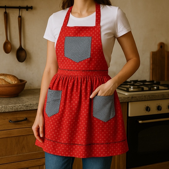 Handmade Other - Handmade Red Cotton Gingham 3-Pocket Halter Apron Retro Kitchen‎ OS